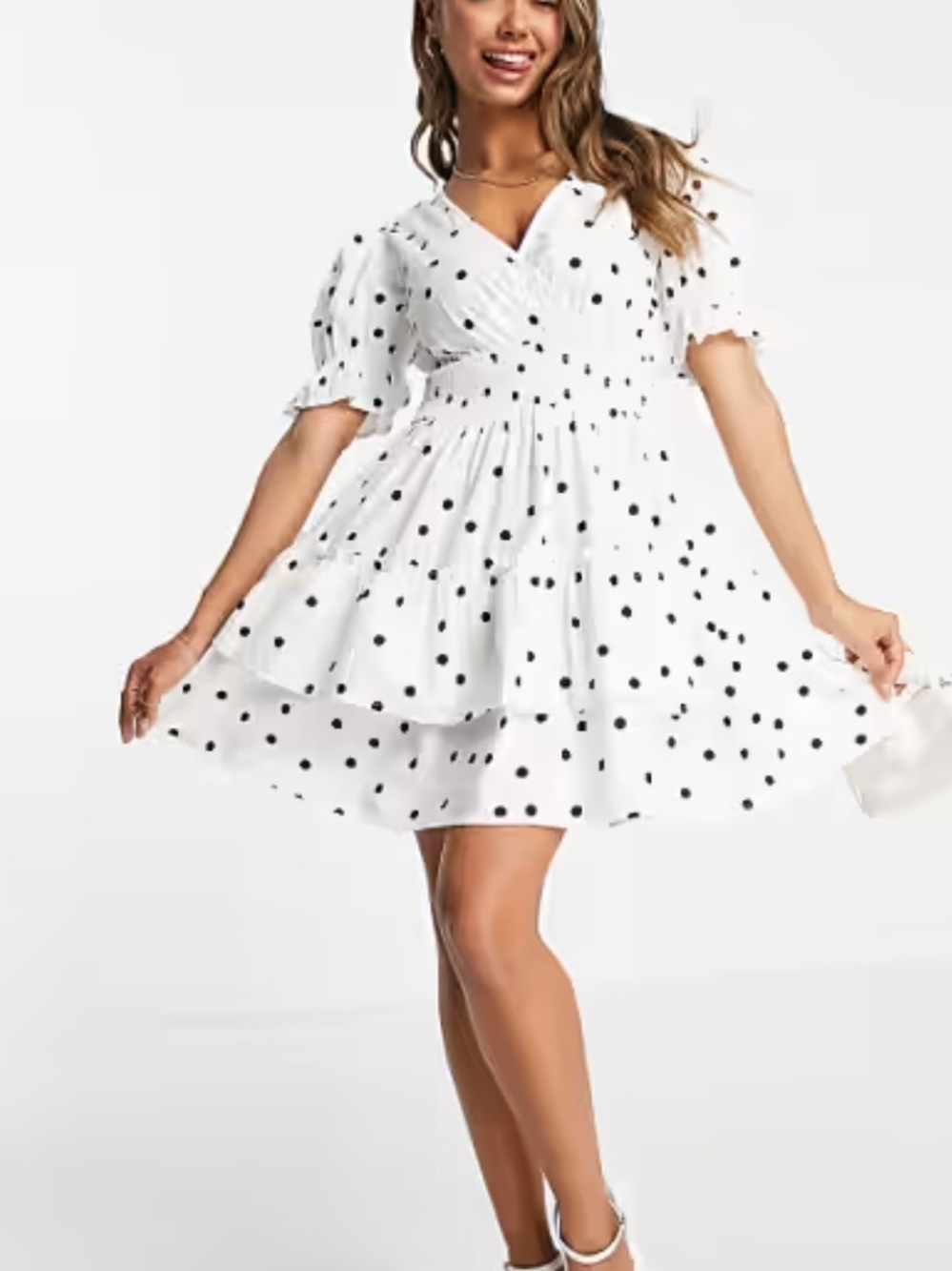 Polka Dot Tiered V‑Neck Mini Dress in White and Black